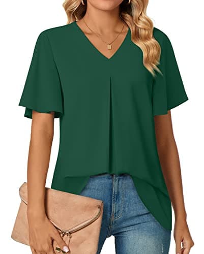 Anyally Women's Summer Dressy Chiffon Blouses V Neck Ruffle Short Sleeve Tunic Tops for Leggings Casual T-Shirts, M Dark Green - Image 1