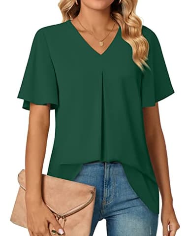 Anyally Women's Summer Dressy Chiffon Blouses V Neck Ruffle Short Sleeve Tunic Tops for Leggings Casual T-Shirts, M Dark Green - Image 1