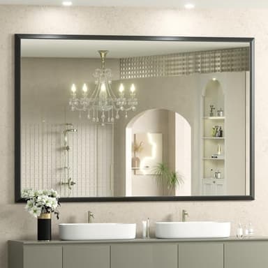 SMIROR Matte Black Bathroom Mirror for Over Sink 55x 40 inch, Metal Thick Frame Rectangle Vanity Mirror for Wall, Anti-Rust, Horizontally or Vertically Mounted - Image 1