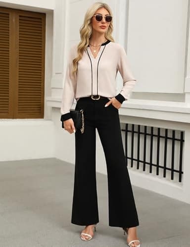 Fayenne Womens Long Sleeve Tops Dressy Casual V Neck Color Block Business Casual Outfits Work Blouses Office Shirts Apricot - Image 6