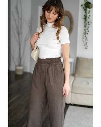 GRAPENT High Waisted Lightweight Women's Beach Linen Clothes Wide Leg Lounge Pants Casual Outfits Travel Pants Color Coffee Brown Size L Large Size 12-14 - Image 6