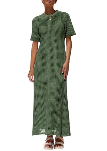 PRETTYGARDEN Womens Eyelet Cover Up Dress 2025 Summer Vacation Resort Maxi Dresses Beach Short Sleeve Hollow Out Sundress (Army Green,Large) - Image 1