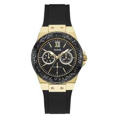 GUESS Gold-Tone Stainless Steel + Black Stain Resistant Watch with Day + Date Functions. Color: Black (Model: U1053L7) - Image 1