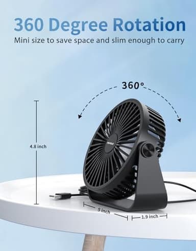 TriPole USB Desk Fan 4.5 Inches Portable Mini Fan Powerful 3 Speeds Wind Personal Desktop Fan with 360° Head Rotation for Home Office Car Indoor Outdoor Black, No Battery - Image 5
