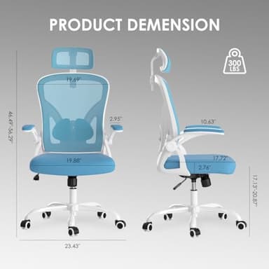 Farini Ergonomic Office Chair, Home Office Desk Chair with Headrest, High Back Computer Chair with Armrests and Adjustable Lumbar Support for Home Office Study Room, White & Blue - Image 2