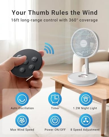 Primevolve Portable Rechargeable Oscillating Fan, Battery Operated Fan Adjustable Height, USB Home Office Outdoor Camping Travel, White 10" - Image 2