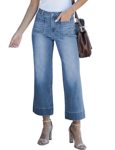 luvamia Wide Leg Jeans for Women Trendy High Waisted Flare Jeans Cropped Denim Pants Stretchy Baggy with Patch Pockets Jeans for Women Trendy Business Casual Clothes for Women Blue Tides Size 10 - Image 1