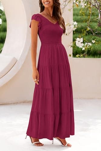 PRETTYGARDEN Women's Summer Flowy Maxi Dress Casual Cap Sleeve V Neck Smocked Beach Sundress (Solid Wine Red,Large) - Image 4