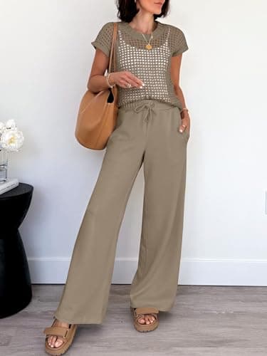 ANRABESS Women Two Piece Outfits Crochet Sheer Knit Sweater Top Wide Leg Pants Lounge Matching Sets Sweatsuit Travel Clothes Light Brown Large - Image 5