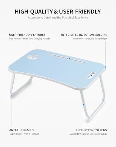 ZEAPTAC Laptop Bed Desk, Foldable Lap Table, Portable Study Table, Laptop Stand with Cup Holder & Tablet Slot & Lifting Handle for Working Writing Drawing & Eating - Blue - Image 5