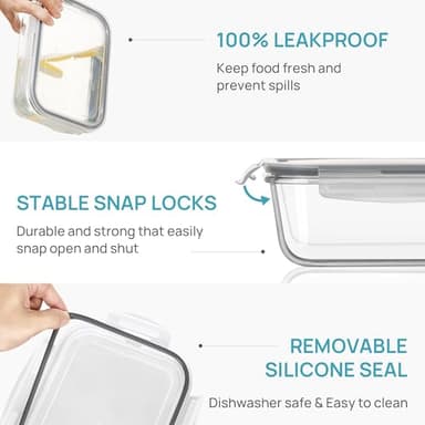 Vtopmart 2Pack 1860ml/ 63oz Large Glass Storage Containers with Lids, Meal Prep Food Container Set with Snap Airtight Lid for Baking, Microwave, Oven, Leak Proof, for Freezer, Dishwasher, Grey - Image 6