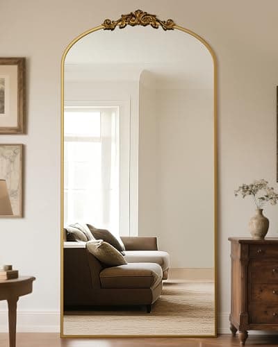 Antok Arched Full Length Mirror, 78"x38" Floor Mirror with Carved, Full Body Mirrors for HomeDecor, Standing/Halling Large Wall Mirror for Bedroom, Living Room, Cloakroom, Gold, Retro Style - Image 1