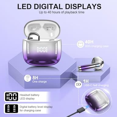 Wireless Earbuds, Bluetooth Headphones 48H Playtime Ear Buds with LED Power Display, IPX7 Waterproof Bluetooth 5.4 Earphones in-Ear Earbuds with 4 Mic for Android iOS Cell Phone Laptop, Purple - Image 4