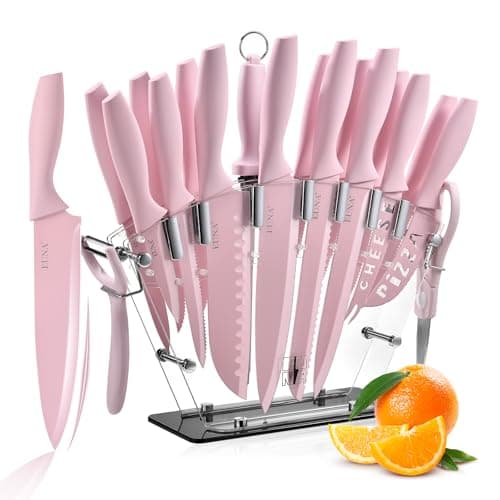 EUNA Knife Block Set, 19 PCS Kitchen Knife Set with Acrylic Block and Sharpener, German High-Carbon Stainless Steel Knife Sets with 6 Serrated Steak Knives, Bread Knife, Chef Knife, Rust-Proof - Image 1