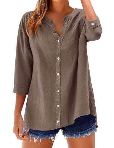 LOMON 3/4 Sleeve Womens Tops V Neck Button Down Shirts Casual Loose 3/4 Length Sleeve Blouse Dark Grey Brown XXL - Image 1
