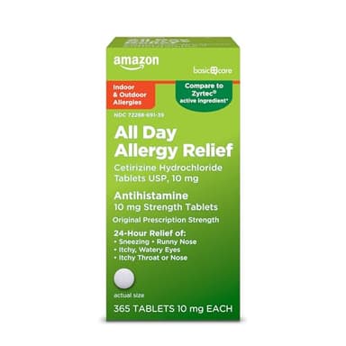 Amazon Basic Care All Day Allergy, Cetirizine Hydrochloride Tablets, Antihistamine, 10 mg, 365 Count (Packaging may vary) - Image 1