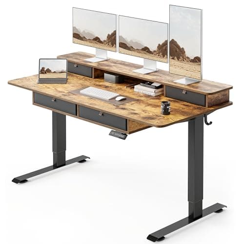 FEZIBO 60x30 inchs Height Adjustable Electric Standing Desk with 4 Drawers, Table with Storage Shelf, Sit Stand Desk with Splice Board, Black Frame/Rustic Brown Top - Image 1