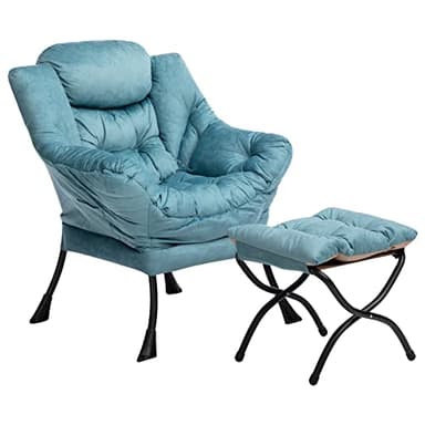 HollyHOME Lazy Chair with Foldable Ottoman, Accent Comfy Lounge Armchair and Folding Footrest Stool, Leisure Sofa Reading Chair and Footstool for Living Room, Bedroom, Dorm,Blue - Image 1