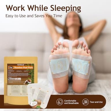 TEWEAE 2 in 1 Foot Pads, 24Pads Bamboo Vinegar Coconut Shell Powder Feet Pads with ''Stay in Place'' Bigger Adhesive Sheet - Image 5
