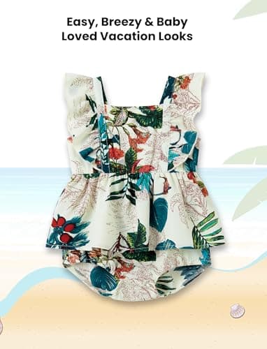 PATPAT Matching Family Hawaiian Outfits - Mommy and Me Hawaiian Dress Matching Set Tropical Palm Newborn Halter Neck Romper White Baby Girl 3-6 Months - Image 4