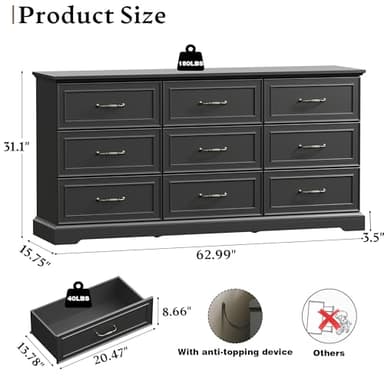 Farmhouse 9 Drawers Dresser for Bedroom, 63" Wide Modern Chest of Drawers with Deep Drawers & Bar Handles, Rustic Wood Dresser TV Stand, Wooden Closet Storage Organizer for Living Room, Hallway, Black - Image 2