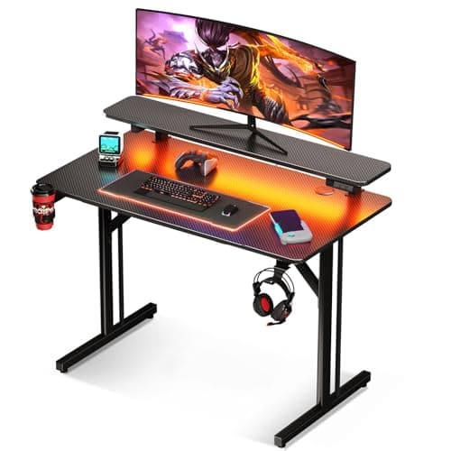 MOTPK 32 Inch Small Gaming Desk with LED Lights, Computer Desk Gaming Table with Monitor Shelf, Gamer Desk with Carbon Fiber Texture, Kids Boys Desk Gift for Men - Image 1
