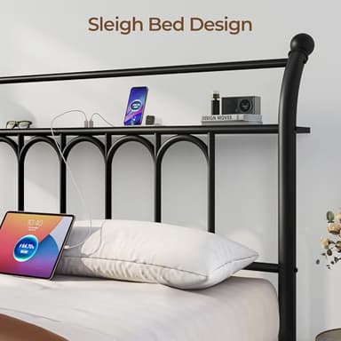 Rolanstar Full Bed Frame with USB Charging Station, LED Bed Frame with Storage Headboard, Black Metal Platform Bed with Sleigh Headboard and Footboard, No Box Spring Needed, Noise Free - Image 5