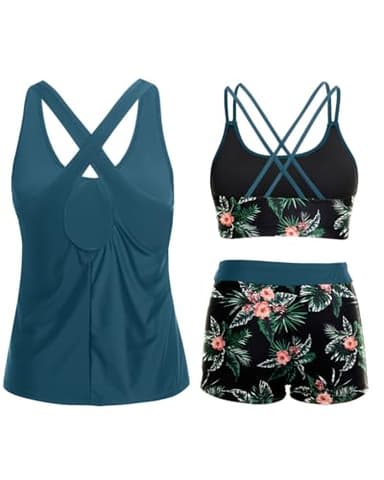 Holipick Green and Flower 3 Piece Tankini Swimsuits for Women Tummy Control Bathing Suits Swim Tank Top with Bra Boy Shorts Teen Swimwear M - Image 2