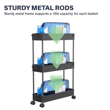 SPACELEAD 3 Tier Rolling Cart with Wheels, Storage Craft Art Trolley Organizer Serving, 3 Hanging Baskets Easy Assembly, for Office, Living Room, Kitchen, Black - Image 5