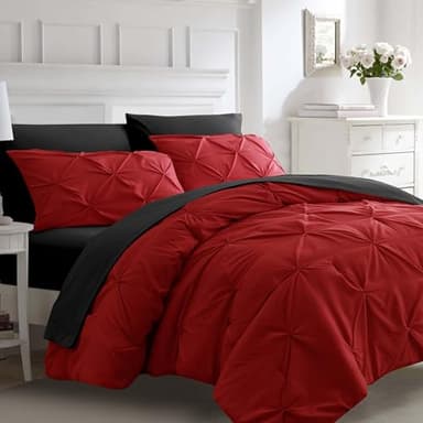 Ubauba 7pc King Size Comforter Set with Sheets, All Season Pintuck 7 Piece Bedding Sets Red and Black, Pinch Pleating Bed in a Bag Set with Comforters (Red and Black,King) - Image 1