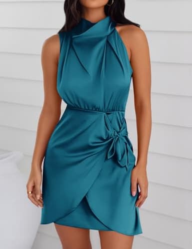 ZESICA Women's 2025 Fashion Satin Sleeveless Halter Neck Tie Waist Wrap Bodycon Cocktail Party Mini Dress,Teal,Medium - Image 2