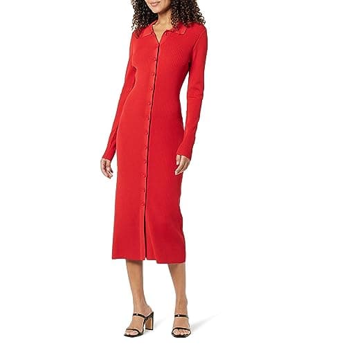 The Drop Women's Jaxon Button Down Ribbed Sweater Dress, Lava Red, M - Image 1