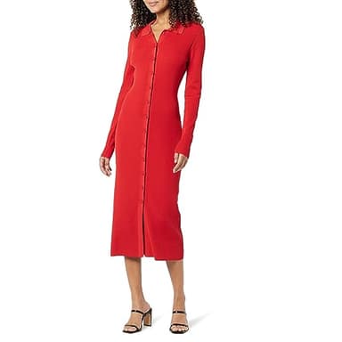 The Drop Women's Jaxon Button Down Ribbed Sweater Dress, Lava Red, M - Image 1
