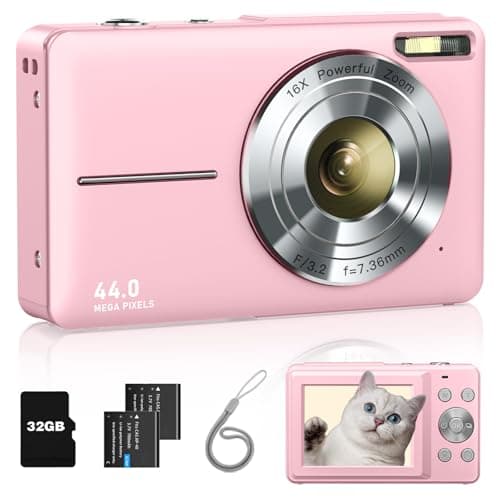 Digital Camera, FHD 1080P Point and Shoot Kids Camera, with 32GB Card, 2 Batteries, 16X Zoom Anti Shake Date Stamp, Compact Portable Small, for Starter Kid Children Teen Student Girl Boy(Pink) - Image 1