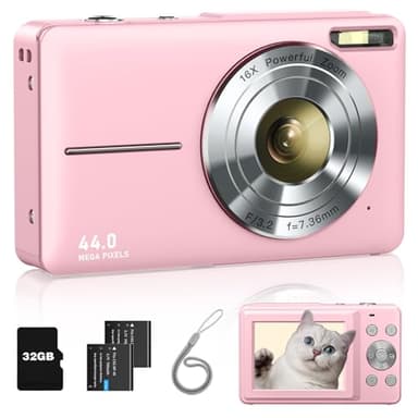 Digital Camera, FHD 1080P Point and Shoot Kids Camera, with 32GB Card, 2 Batteries, 16X Zoom Anti Shake Date Stamp, Compact Portable Small, for Starter Kid Children Teen Student Girl Boy(Pink) - Image 1