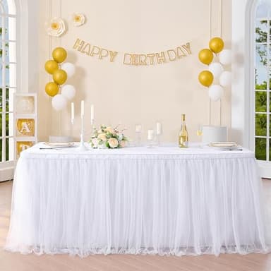 Suppromo 6ft White Tulle Table Skirt for Rectangle Tables or Round Tables Tutu Table Skirt White Ruffle Table Cloths for Wedding Bridal Shower Birthday Party Desk Skirt Decorations - Image 1