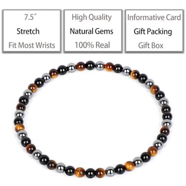 QOGIR Triple Protection Bracelet - Onyx Hematite Tiger Bracelet for Women Men - Handmade Natural Gem Stone Beaded Stretch Elastic Healing Bracelets 4mm - Image 3