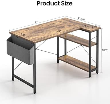 CubiCubi L Shaped Desk, 47" Computer Table with Reversible Storage Shelves Home Office Corner Study Writing Gaming, Rustic Brown - Image 5