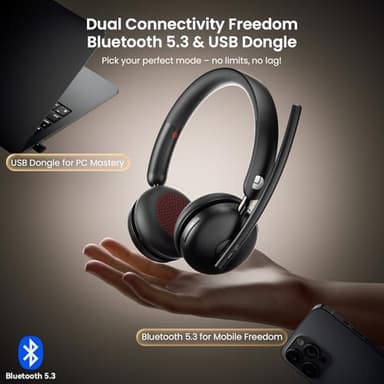 Dytole Bluetooth 5.3 Headset, Wireless Headset with Mic for Work (AI Noise Cancelling), Wireless Headphones with Mic & USB Dongle, 65H & Mute Function, Fit for PC/Call Center/Computer/Laptop/Teams - Image 3