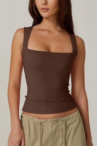 QINSEN Womens Tank Top Sleeveless Square Neck Casual Basic Fitted T- Shirts Brown L - Image 3