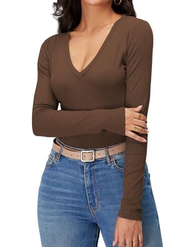 iGENJUN Women Long Sleeve V Neck Shirts for Women Business Casual Work Top Knit Slim Fit for Fall,XL, Brown - Image 5