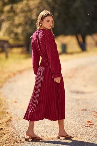 PRETTYGARDEN Womens Pleated Midi Dress Casual Long Sleeve V Neck Swiss Dot Beach Flowy Dresses (Wine Red,Large) - Image 2
