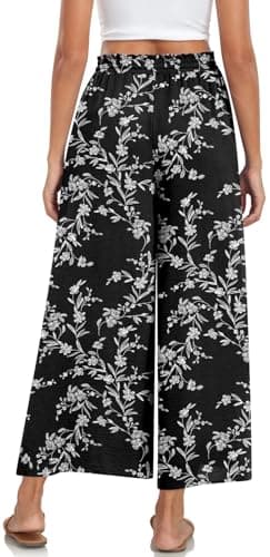 Bestbee Womens Plus Size Palazzo Pants Dressy Casual Wide Leg Slacks Elastic Waist Business Flowy Pants with Pockets, XL, Black-White Flower - Image 3