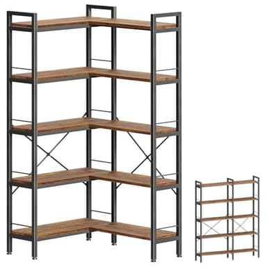 Huuger 5 Tier Bookshelf, L Shaped Corner Bookshelf with 10 Open Shelves, 49.4 Inch Straight Wide Bookcase with Metal Frame and Wooden Board, Adjustable Feet, Rustic Brown - Image 1