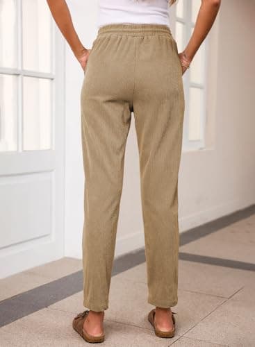EVALESS Corduroy Pants for Women Petite Casual Drawstring Elastic High Waist Straight Leg Pants Fall Winter 2025 Loose Comfy Trousers with Pockets Khaki Small - Image 4