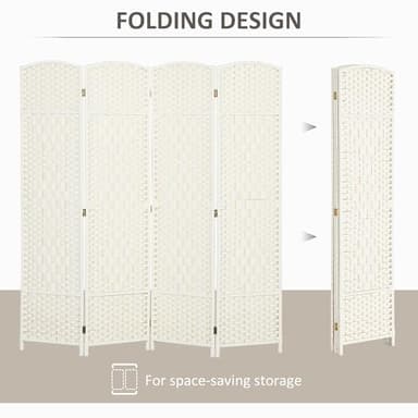 HOMCOM 4 Panel Room Divider, 6' Tall Folding Privacy Screen, Hand-Woven Freestanding Wall Partition for Home Office, Bedroom, White - Image 3