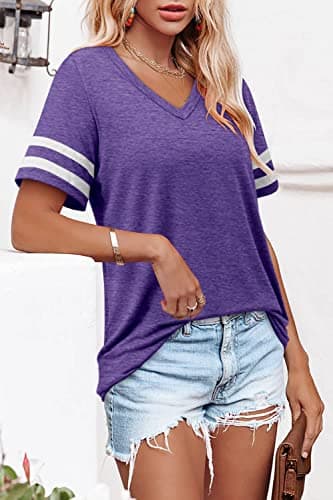 Angerella Womens T-Shirts Short Sleeve Tops Summer Casual V Neck Shirts Baseball Tees Purple L - Image 3
