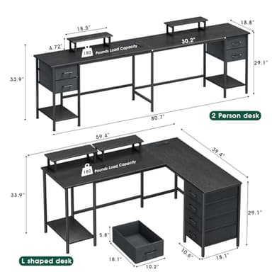Korfile 59 inch L Shaped Computer Desk with Power Outlets, Home Office Desk with 4 Adjustable Storage Drawers & 2 Monitor Stands, Two Person Gaming Table for Bedroom, Black - Image 3