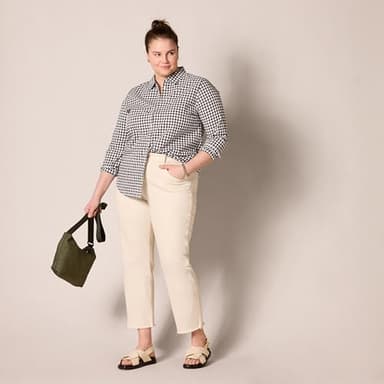 Amazon Essentials Women's Regular-Fit Long-Sleeve Button-Down Poplin Shirt, Black White Gingham, Large - Image 8