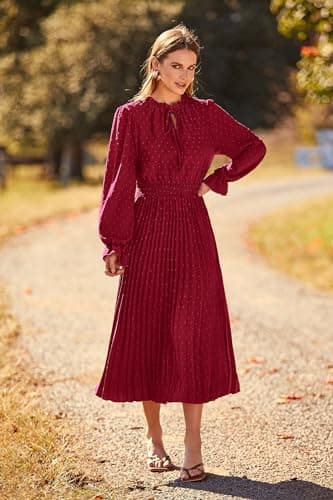 PRETTYGARDEN Womens Pleated Midi Dress Casual Long Sleeve V Neck Swiss Dot Beach Flowy Dresses (Wine Red,Large) - Image 6